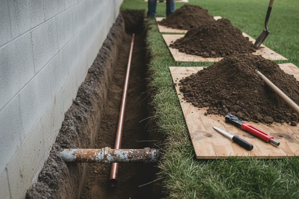 Excavated water line trench during Sewer Line Repair in El Monte